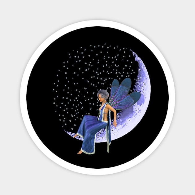 Fairy faerie elf sitting on sickle moon with stars in blue dress Magnet by Fantasyart123